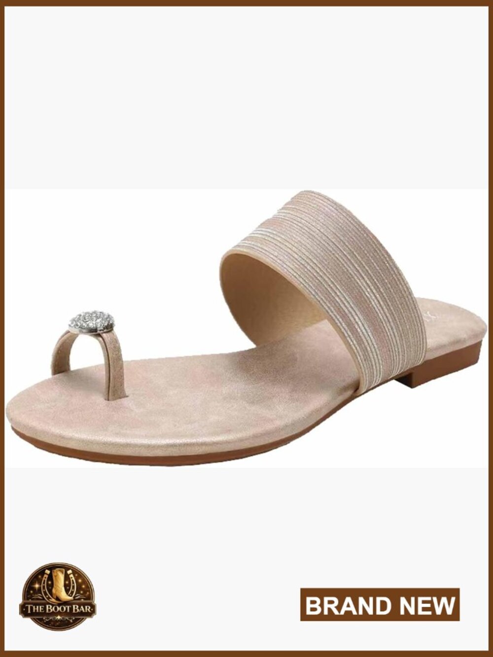 Rhinestone Toe Ring Flat Sandals - Jeweled Low Block Heel Summer Beach Slippers
